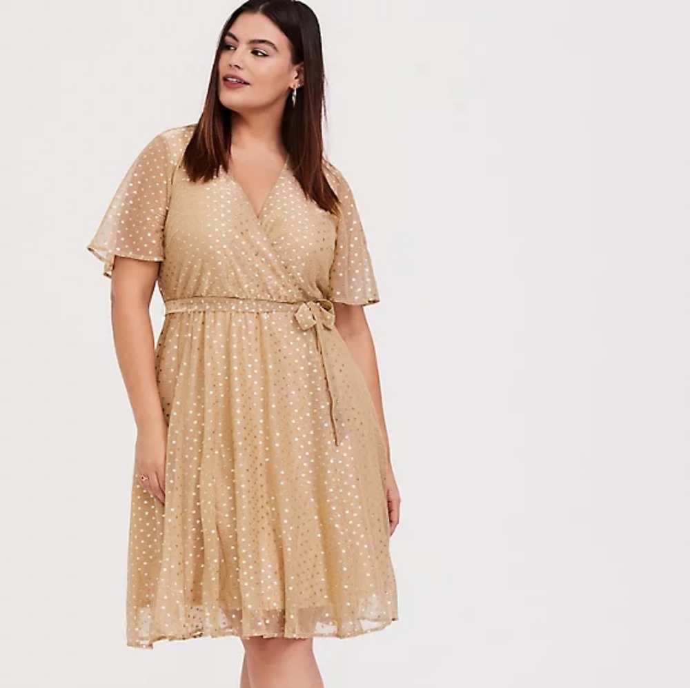 Torrid Metallic Gold Polka Dot Wrap Dress